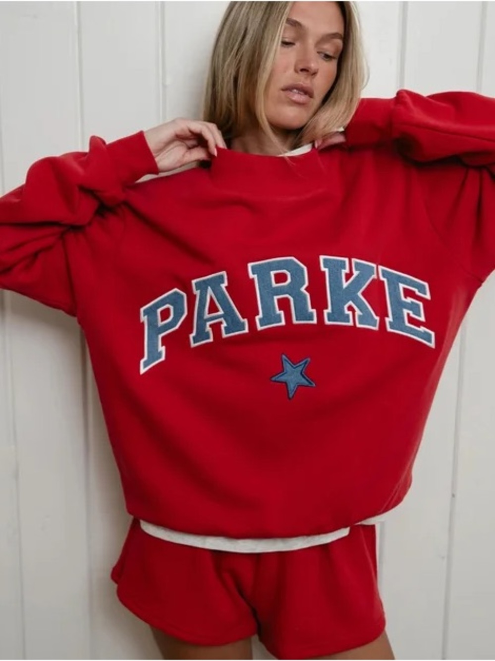 Red Crewneck Sweatshirt with Navy Lettering and Star